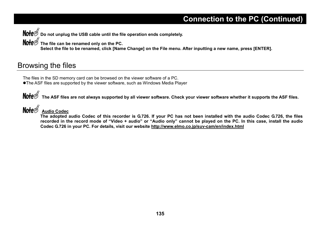 Browsing the files, Connection to the pc (continued) | Elmo Micro Video Camera System SUV-CAM User Manual | Page 55 / 66