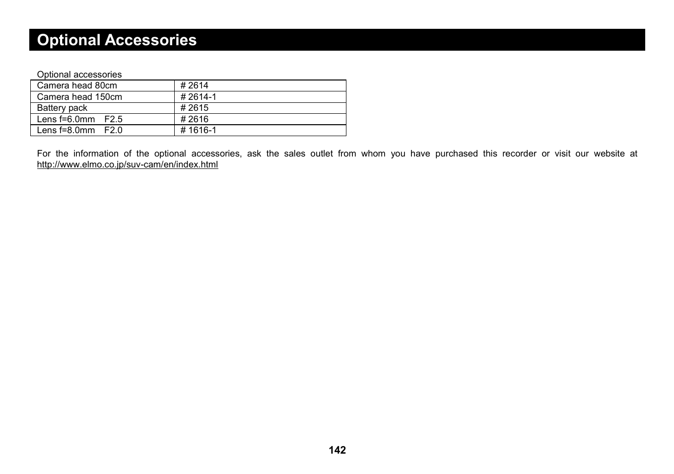 Optional accessories | Elmo Micro Video Camera System SUV-CAM User Manual | Page 62 / 66