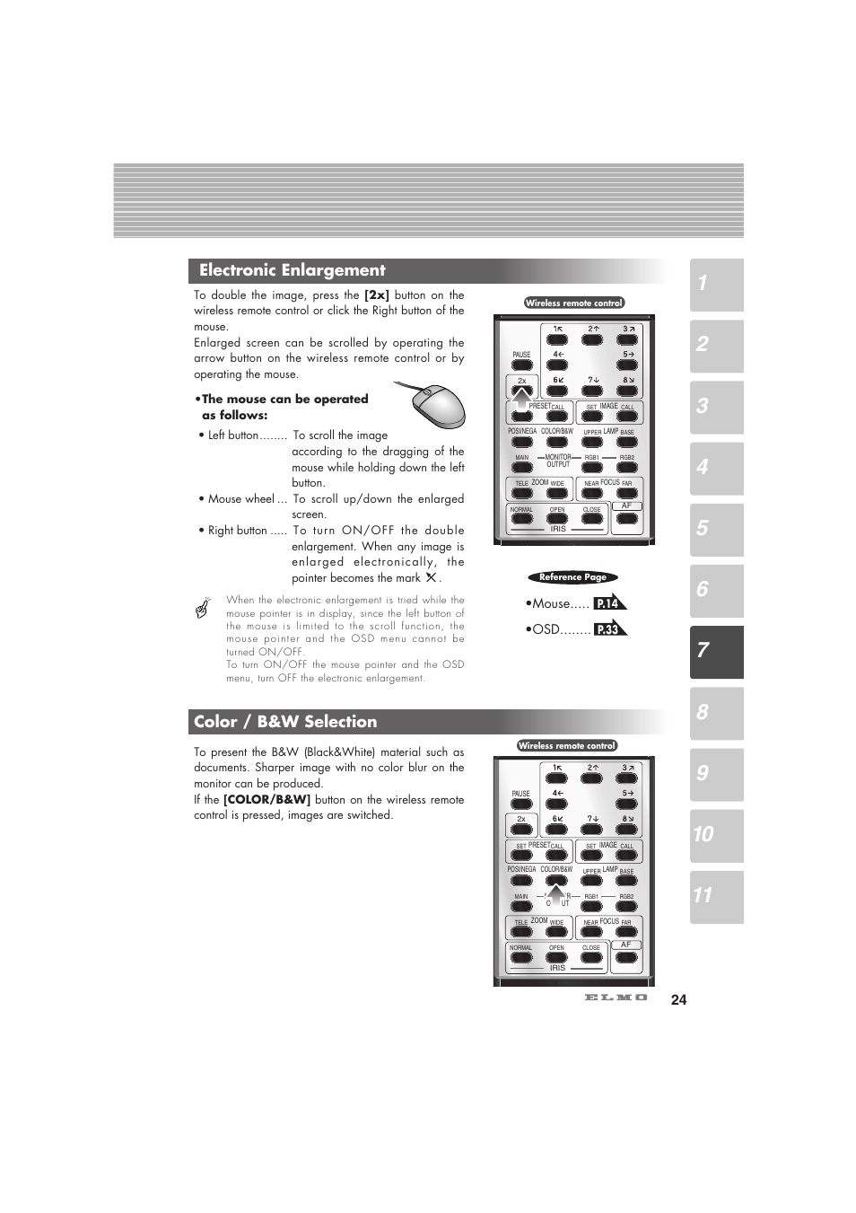 Electronic enlargement, Color / b&w selection | Elmo Visual Presenter HV-5100XG User Manual | Page 25 / 48