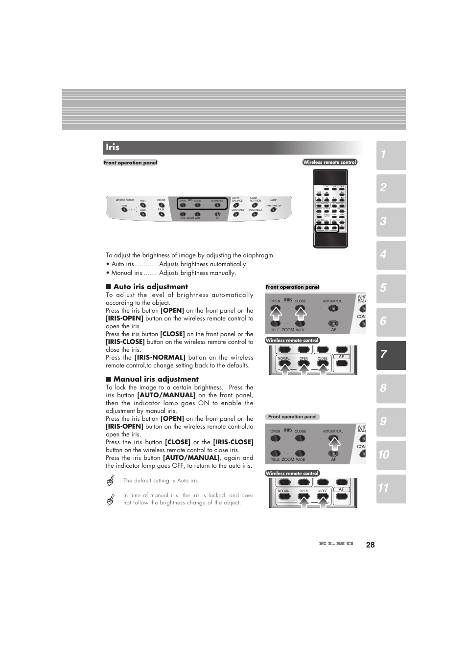 Iris, Auto iris adjustment, Manual iris adjustment | Elmo Visual Presenter HV-5100XG User Manual | Page 29 / 48