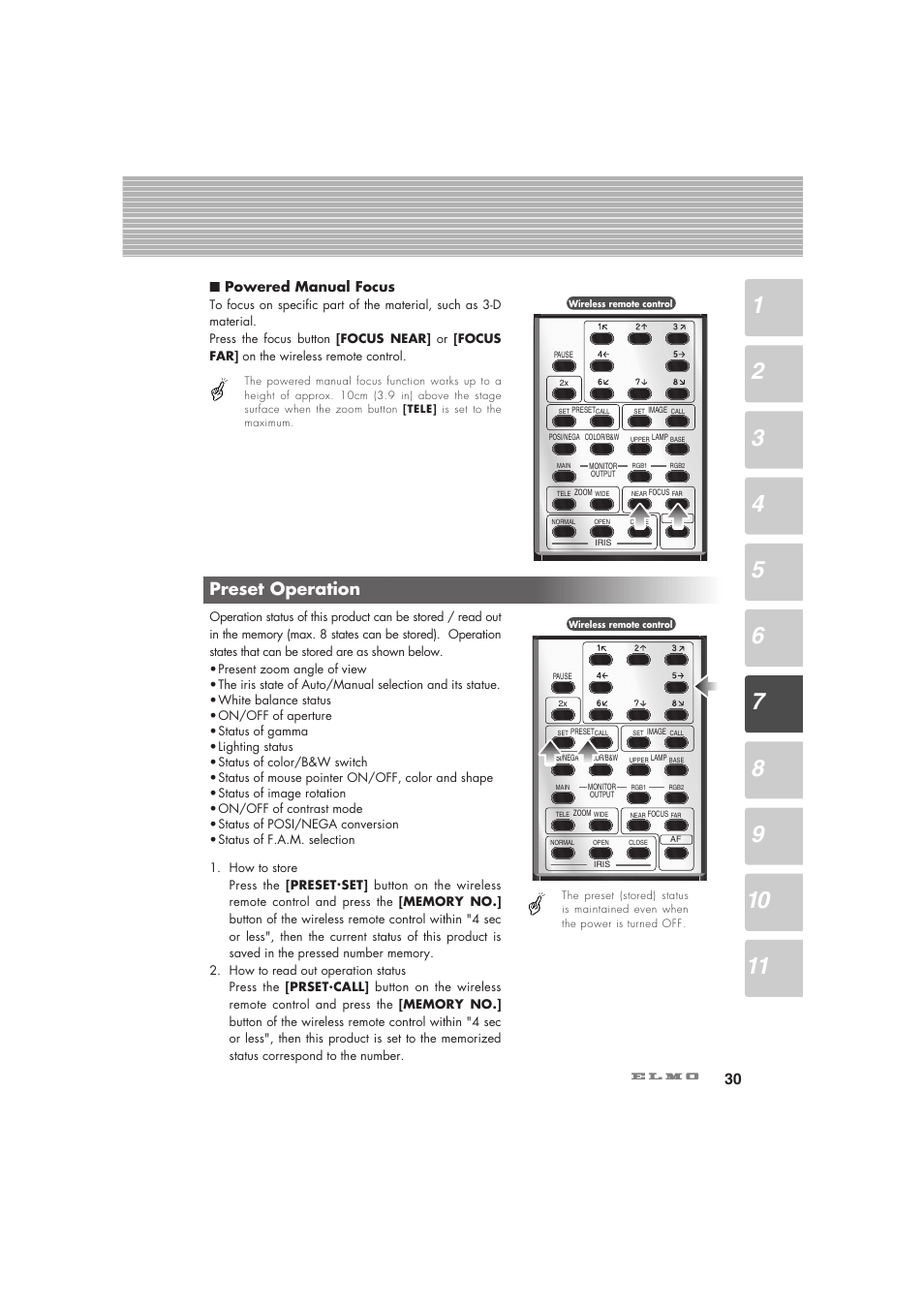 Preset operation, Powered manual focus | Elmo Visual Presenter HV-5100XG User Manual | Page 31 / 48
