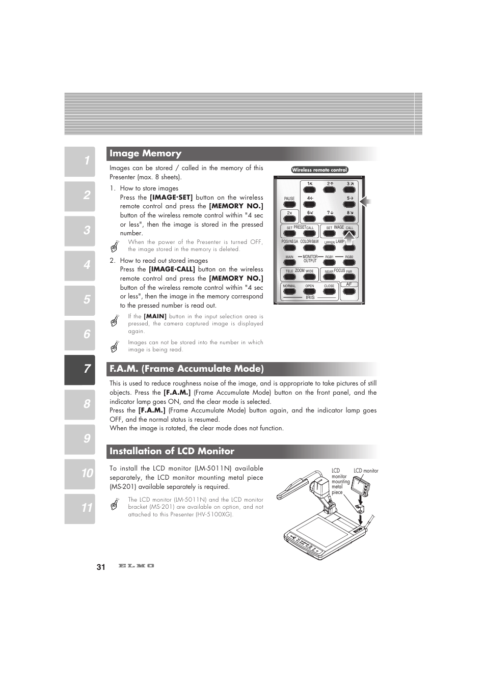 F.a.m. (frame accumulate mode), Installation of lcd monitor | Elmo Visual Presenter HV-5100XG User Manual | Page 32 / 48