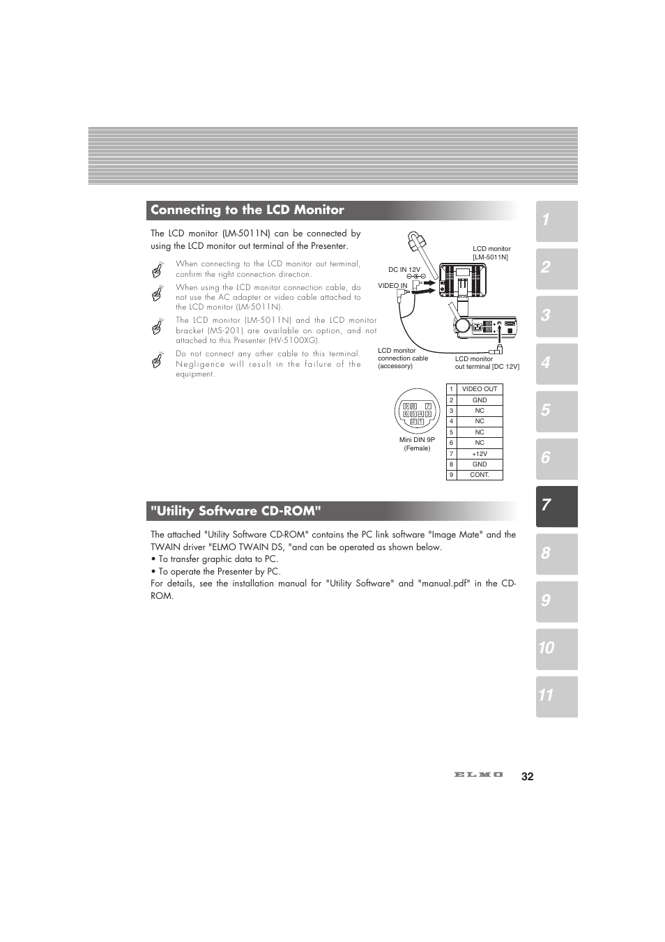 Connecting to the lcd monitor, Utility software cd-rom | Elmo Visual Presenter HV-5100XG User Manual | Page 33 / 48