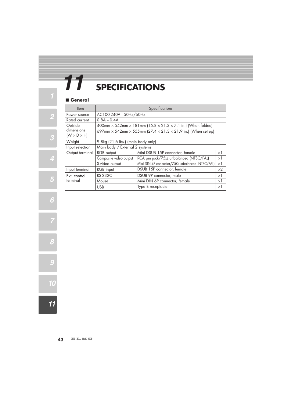 Specifications | Elmo Visual Presenter HV-5100XG User Manual | Page 44 / 48