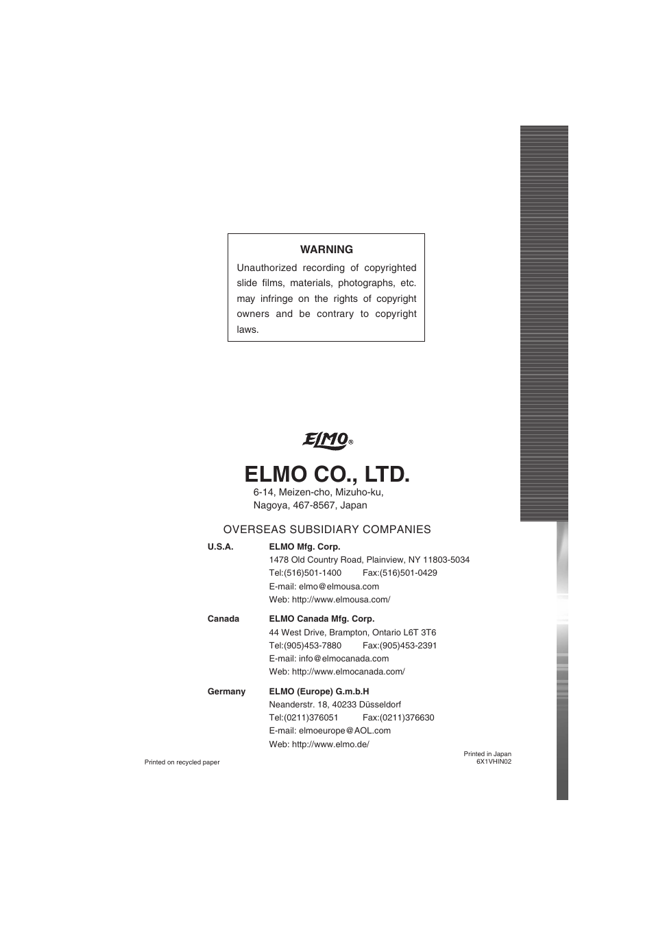 Elmo co., ltd | Elmo Visual Presenter HV-5100XG User Manual | Page 48 / 48