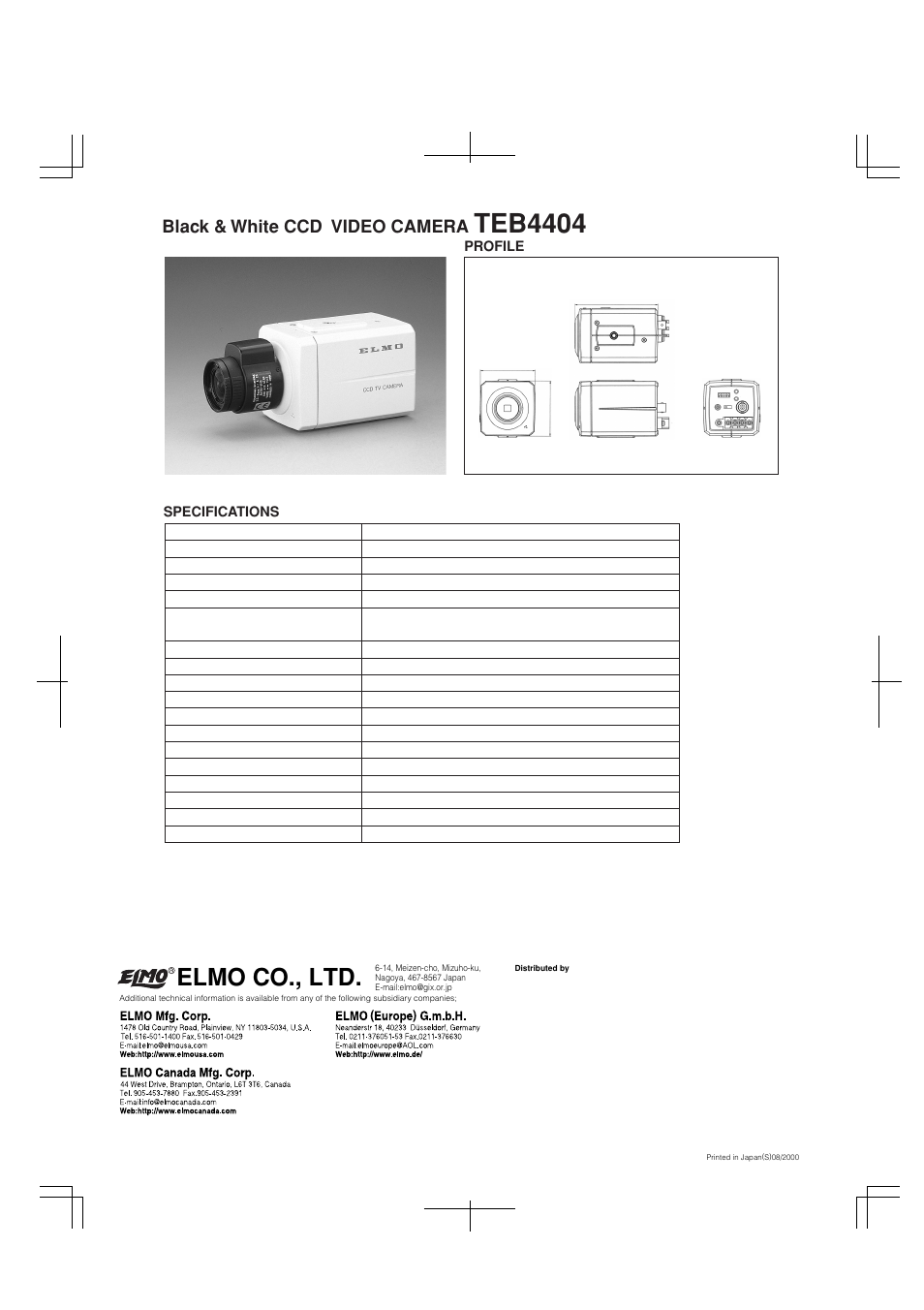 Teb4404, Elmo co., ltd, Black & white ccd video camera | Elmo TEB4404 User Manual | Page 2 / 2