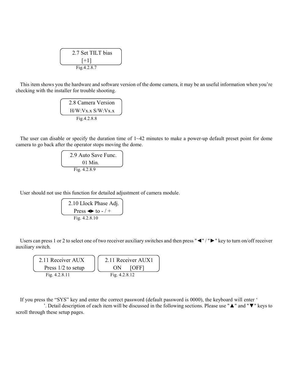 7 set tilt bias, 8 check camera version, 9 auto save function | 10 line lock phase adjust function, 11 receiver auxiliary switch function, 3 system setting mode | Elmo ESD-CC1 User Manual | Page 15 / 28