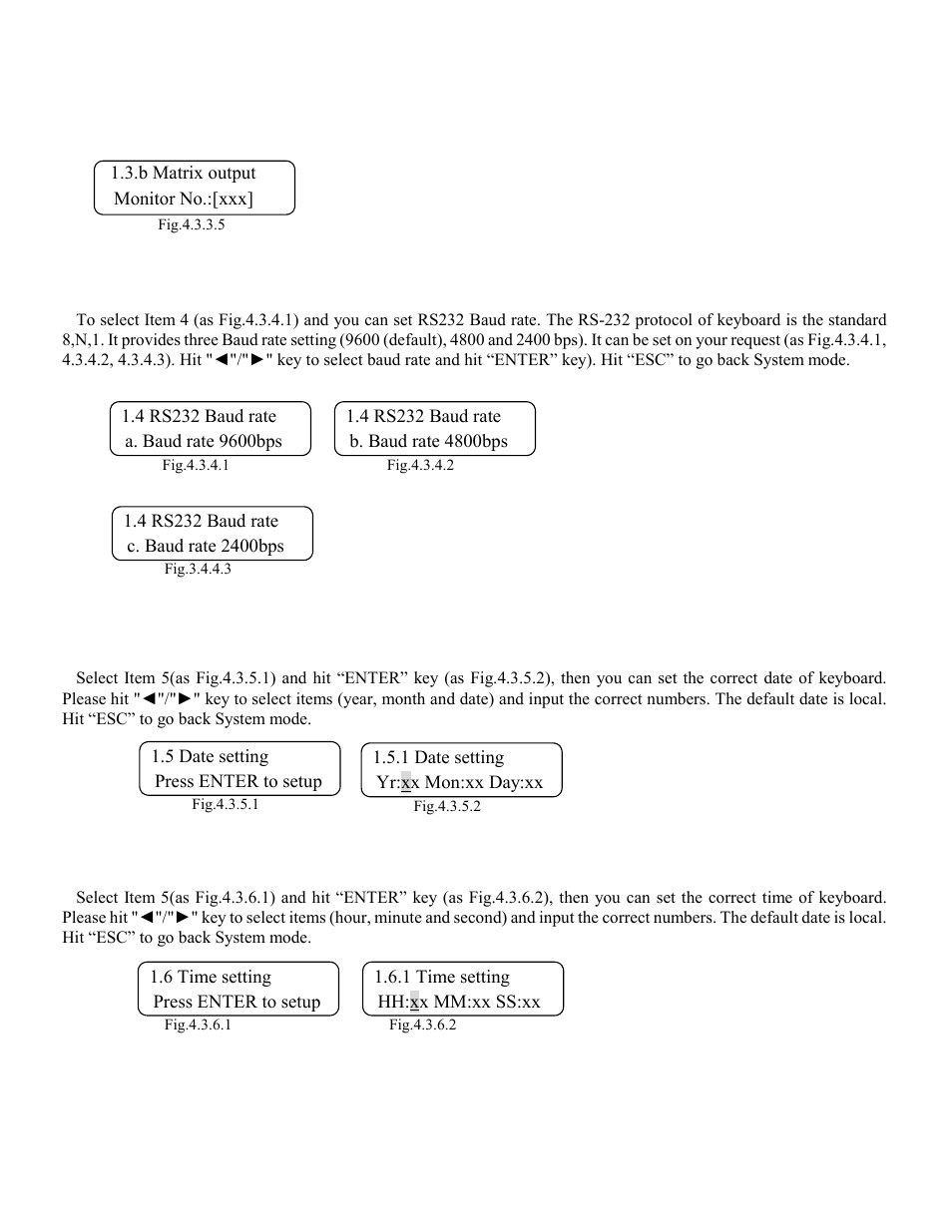 4 rs-232 baud rate setting, 5 date setting, 6 time setting | Elmo ESD-CC1 User Manual | Page 17 / 28