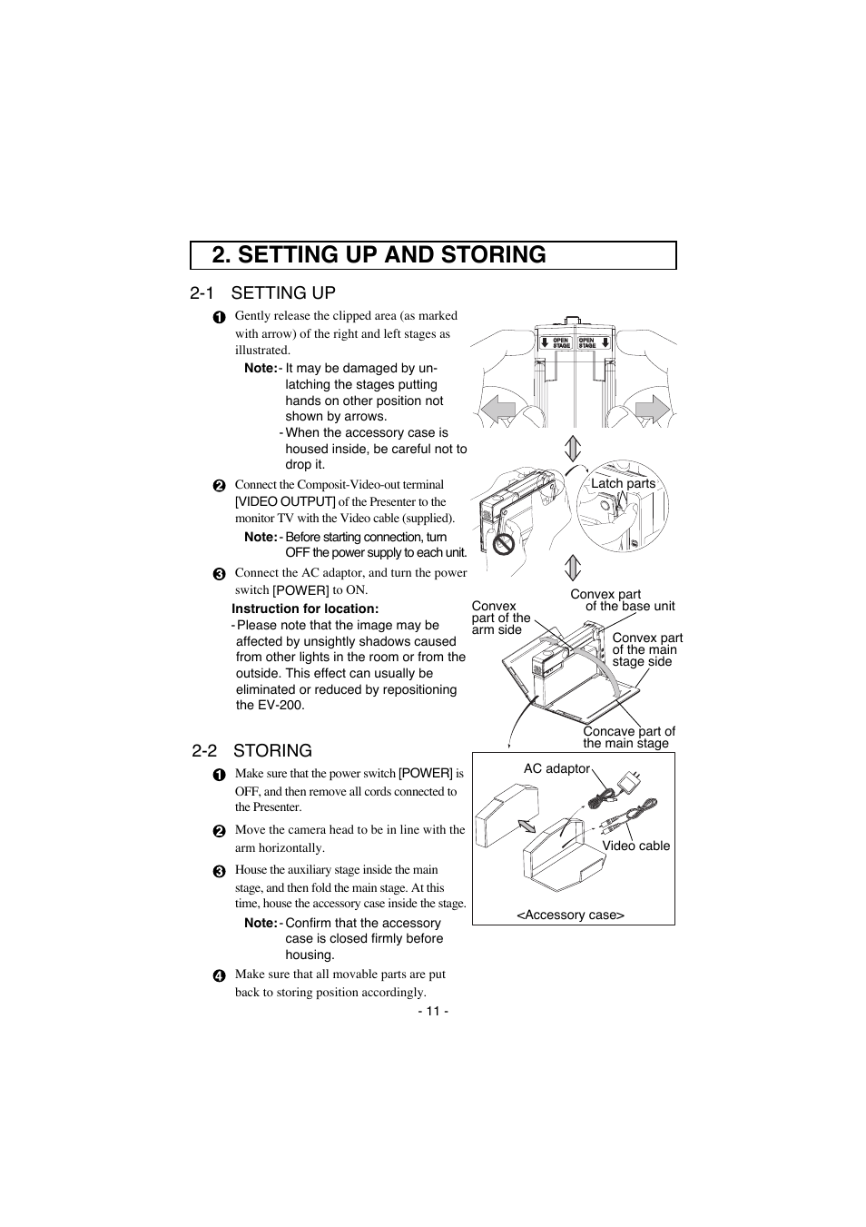 Setting up and storing, 1 setting up, 2 storing | Elmo Visual Presenter EV-200 User Manual | Page 12 / 16