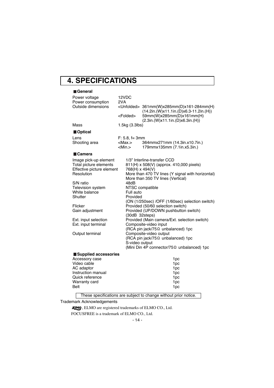 Specifications | Elmo Visual Presenter EV-200 User Manual | Page 15 / 16