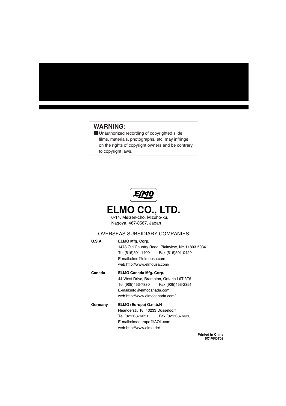 Elmo co., ltd, Warning | Elmo Visual Presenter EV-200 User Manual | Page 16 / 16