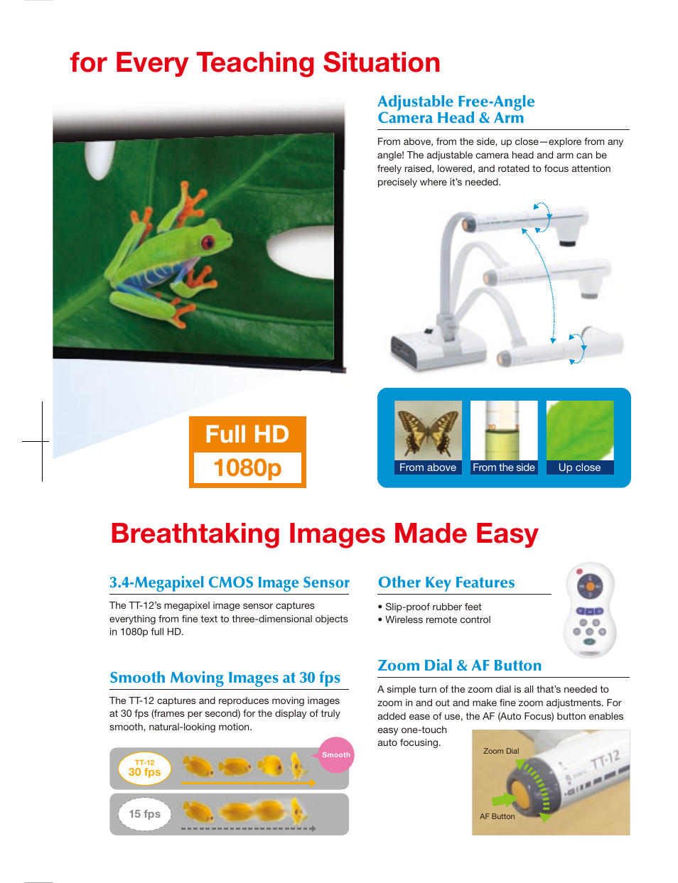 Tt-12, Full hd 1080p, Document camera | Smooth moving images at 30 fps, Megapixel cmos image sensor, Other key features, Zoom dial & af button, Adjustable free-angle camera head & arm, Tt-12 specifications profile, Rear panel | Elmo TT-12 User Manual | Page 3 / 6