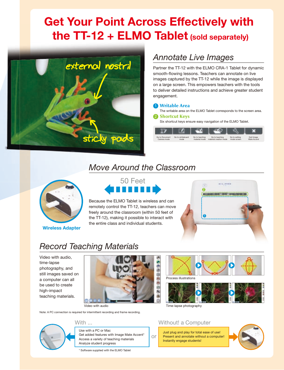 Tt-12, 8x 96x, Command attention with big, bright, clear images | Record teaching materials, Annotate live images move around the classroom, Sold separately), 50 feet, Optical zoom, Digital zoom | Elmo TT-12 User Manual | Page 4 / 6