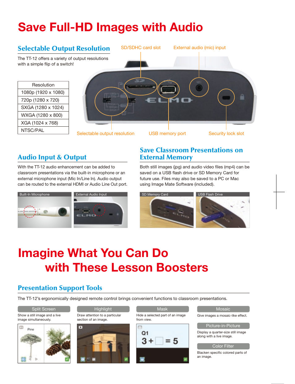 Tt-12, 8x 96x, Command attention with big, bright, clear images | Record teaching materials, Annotate live images move around the classroom, Sold separately), 50 feet, Optical zoom, Digital zoom | Elmo TT-12 User Manual | Page 5 / 6