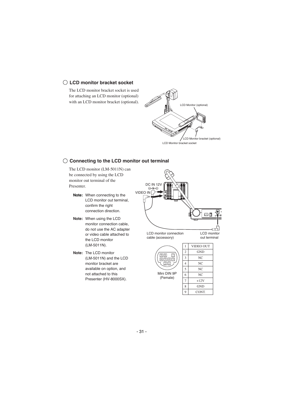 Lcd monitor bracket socket, Connecting to the lcd monitor out terminal | Elmo HV-8000SX User Manual | Page 32 / 56
