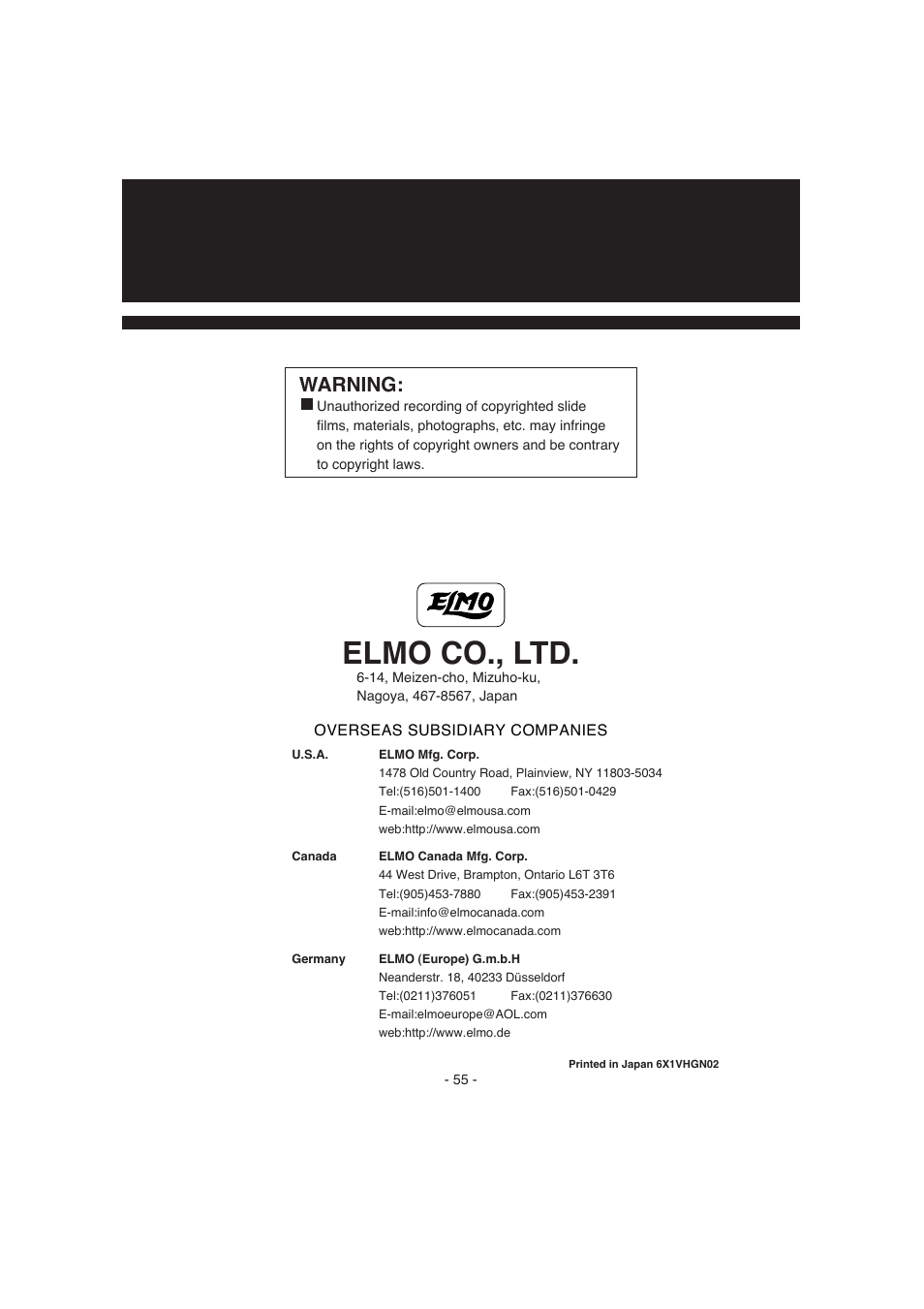 Elmo co., ltd, Warning | Elmo HV-8000SX User Manual | Page 56 / 56