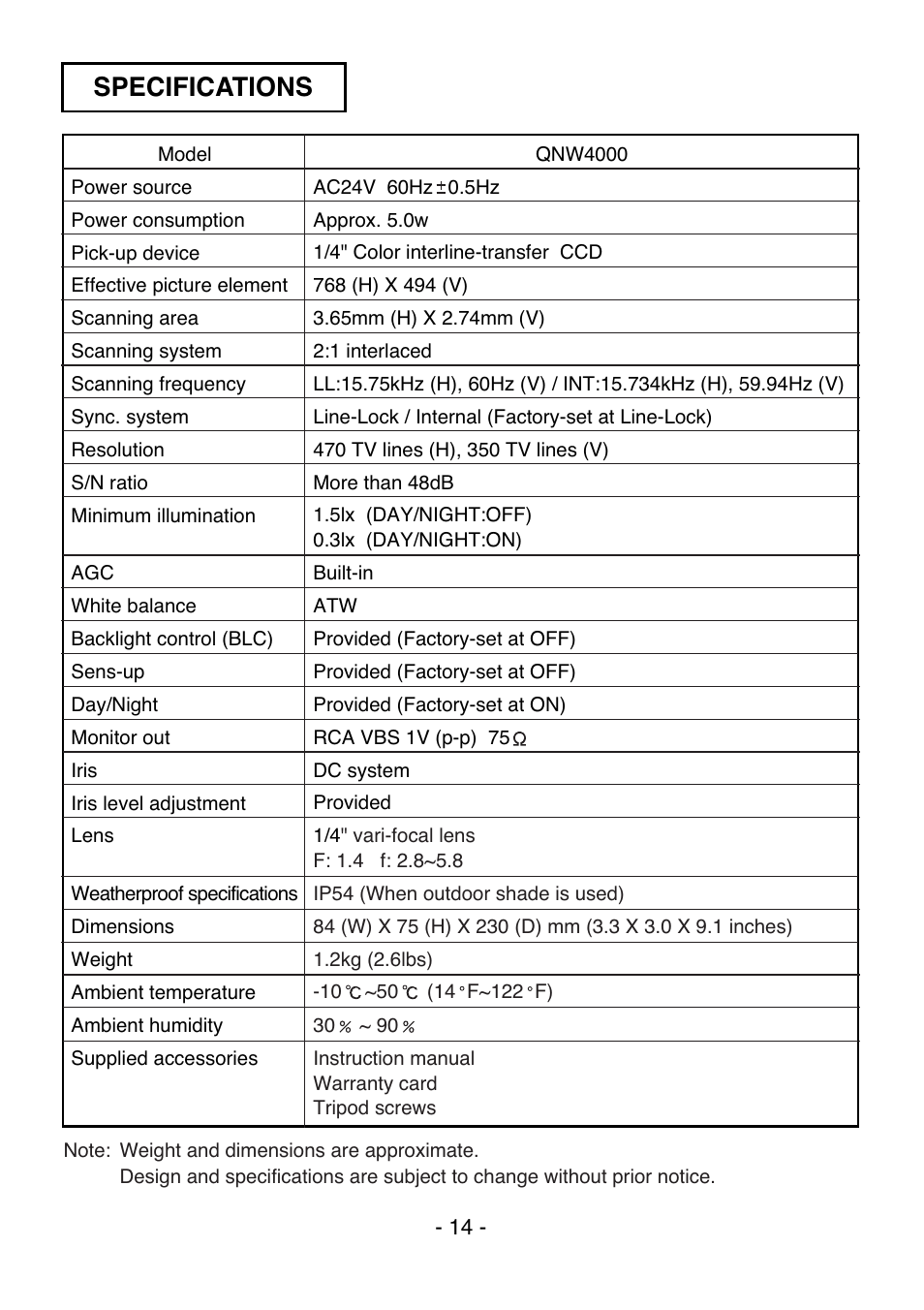 Specifications | Elmo QNW4000 User Manual | Page 15 / 16