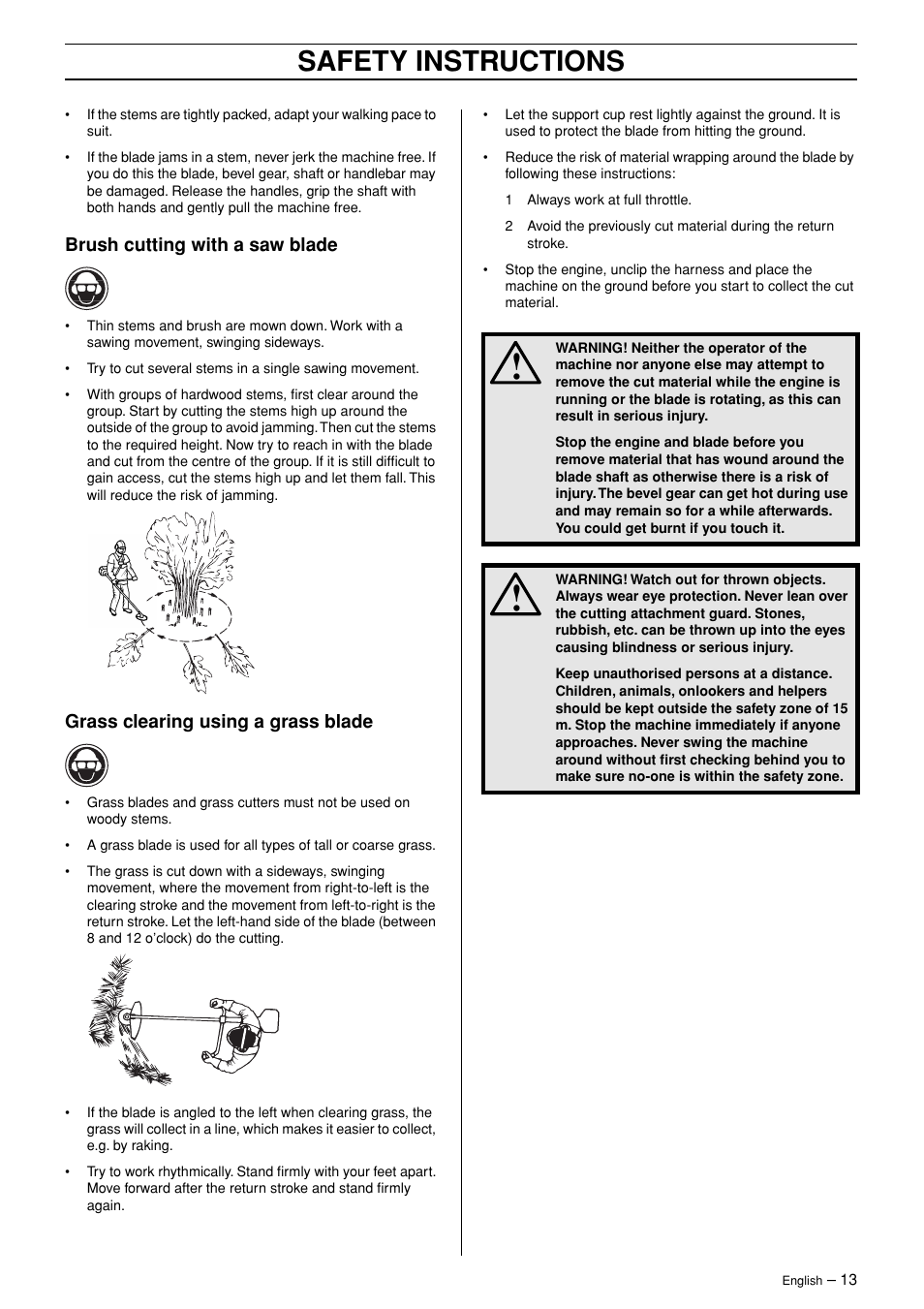 Brush cutting with a saw blade, Grass clearing using a grass blade, Safety instructions | English Leather 245R/RX User Manual | Page 13 / 43