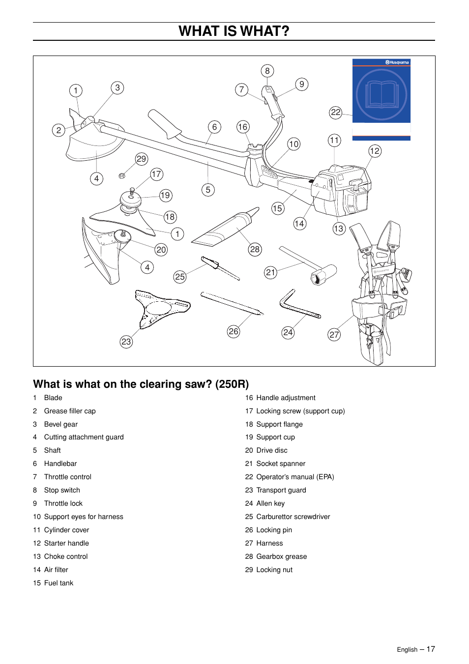 What is what, What is what on the clearing saw? (250r) | English Leather 245R/RX User Manual | Page 17 / 43