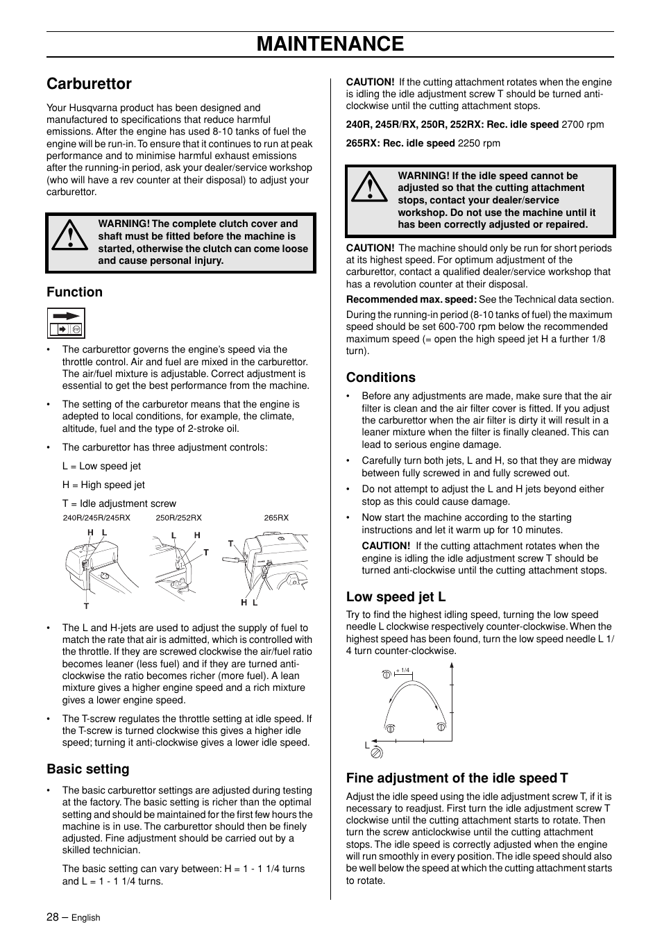 Carburettor, Function, Basic setting | Conditions, Low speed jet l, Fine adjustment of the idle speed t, Maintenance | English Leather 245R/RX User Manual | Page 28 / 43