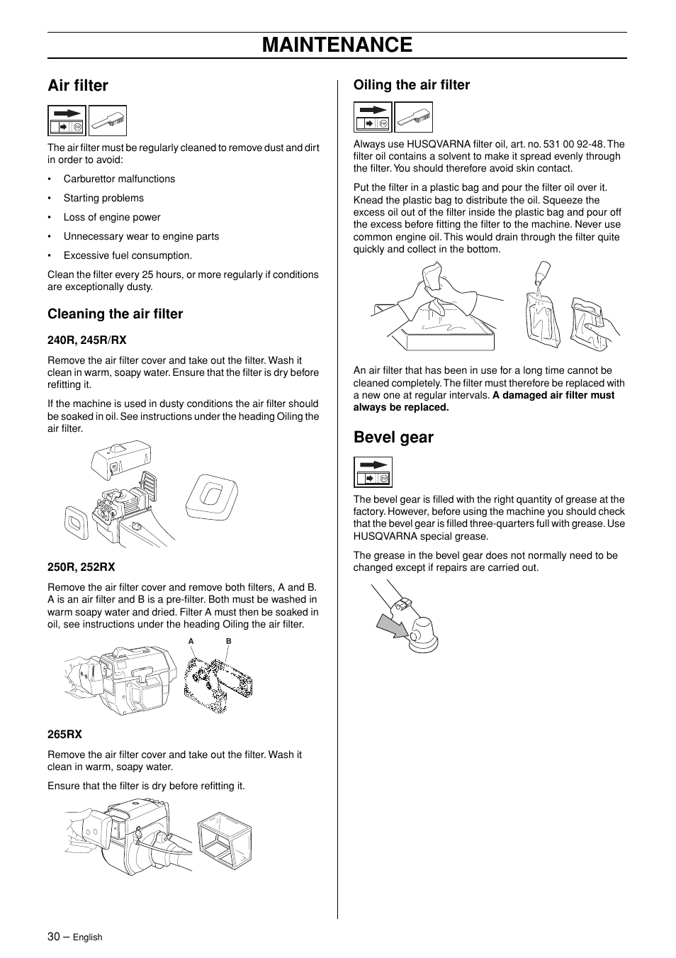 Air filter, Cleaning the air filter, Oiling the air filter | Bevel gear, Maintenance | English Leather 245R/RX User Manual | Page 30 / 43