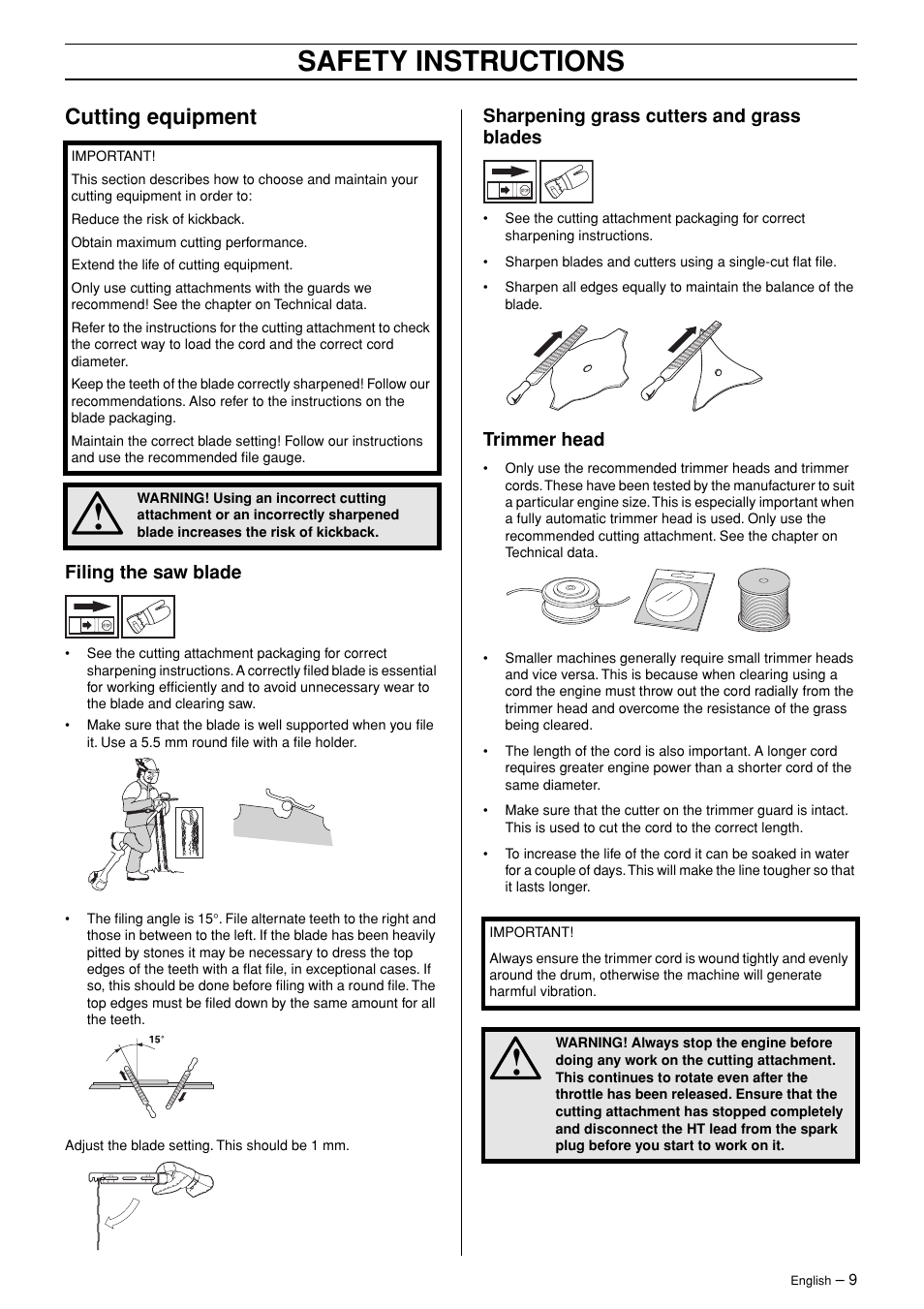 Cutting equipment, Filing the saw blade, Sharpening grass cutters and grass blades | Trimmer head, Safety instructions | English Leather 245R/RX User Manual | Page 9 / 43