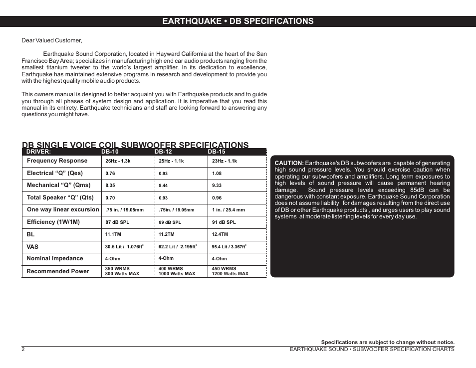 Earthquake • db specifications, Db single voice coil subwoofer specifications | Earthquake Sound DB-12 User Manual | Page 2 / 6