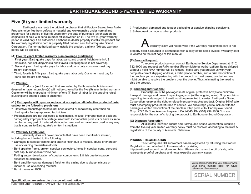 Serial number | Earthquake Sound DB-12 User Manual | Page 5 / 6