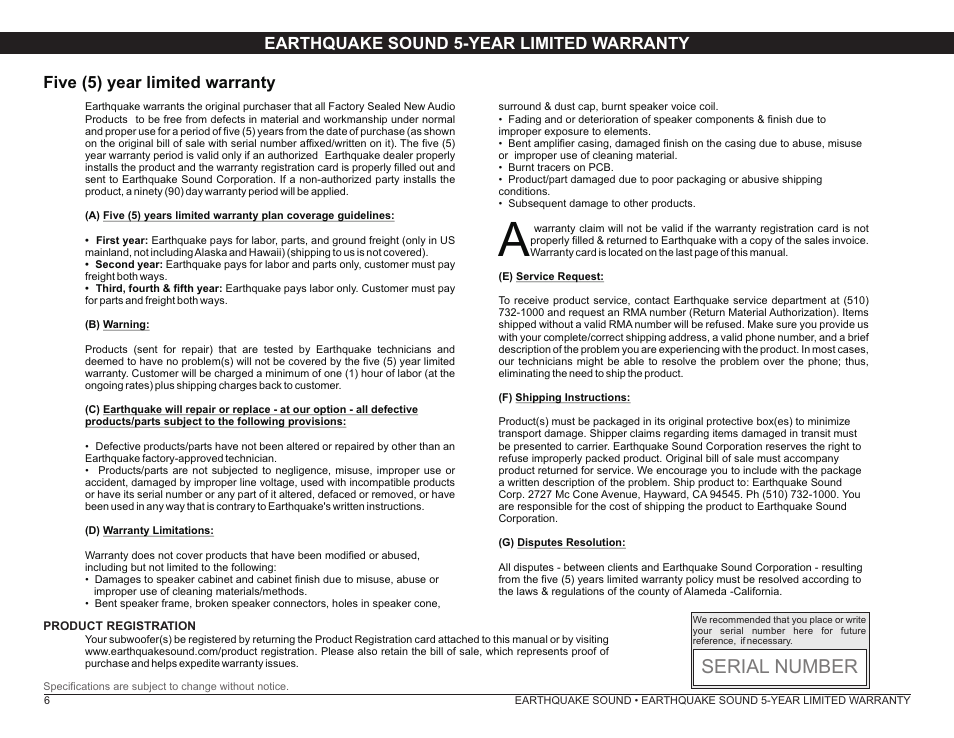 Serial number, Earthquake sound 5-year limited warranty, Five (5) year limited warranty | Earthquake Sound TREMORX15-4/15-8 User Manual | Page 6 / 8