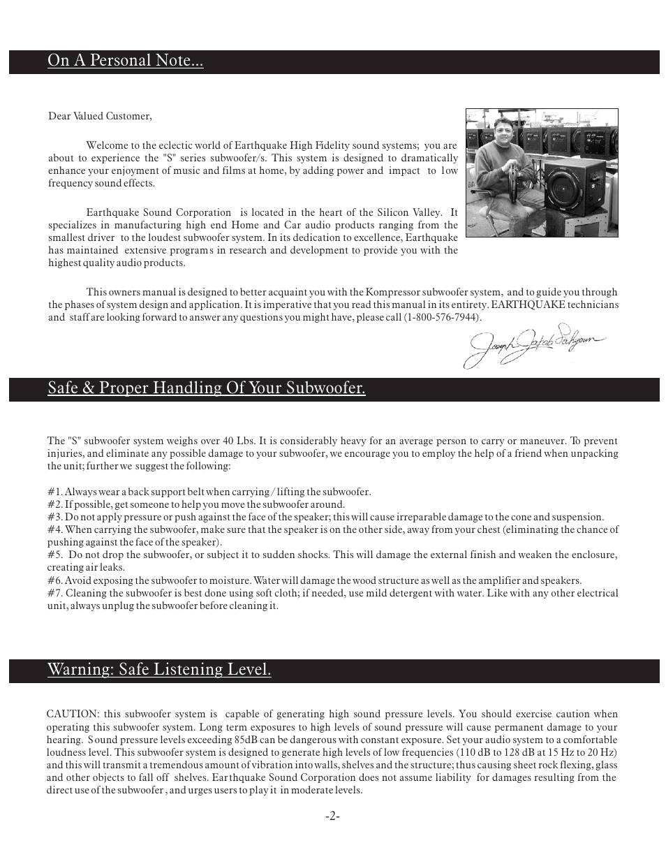 Safe & proper handling of your subwoofer, Warning: safe listening level | Earthquake Sound SUB100 User Manual | Page 2 / 8