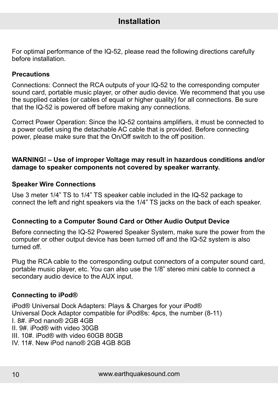 Installation | Earthquake Sound IQUAKE IQ-52W User Manual | Page 10 / 16