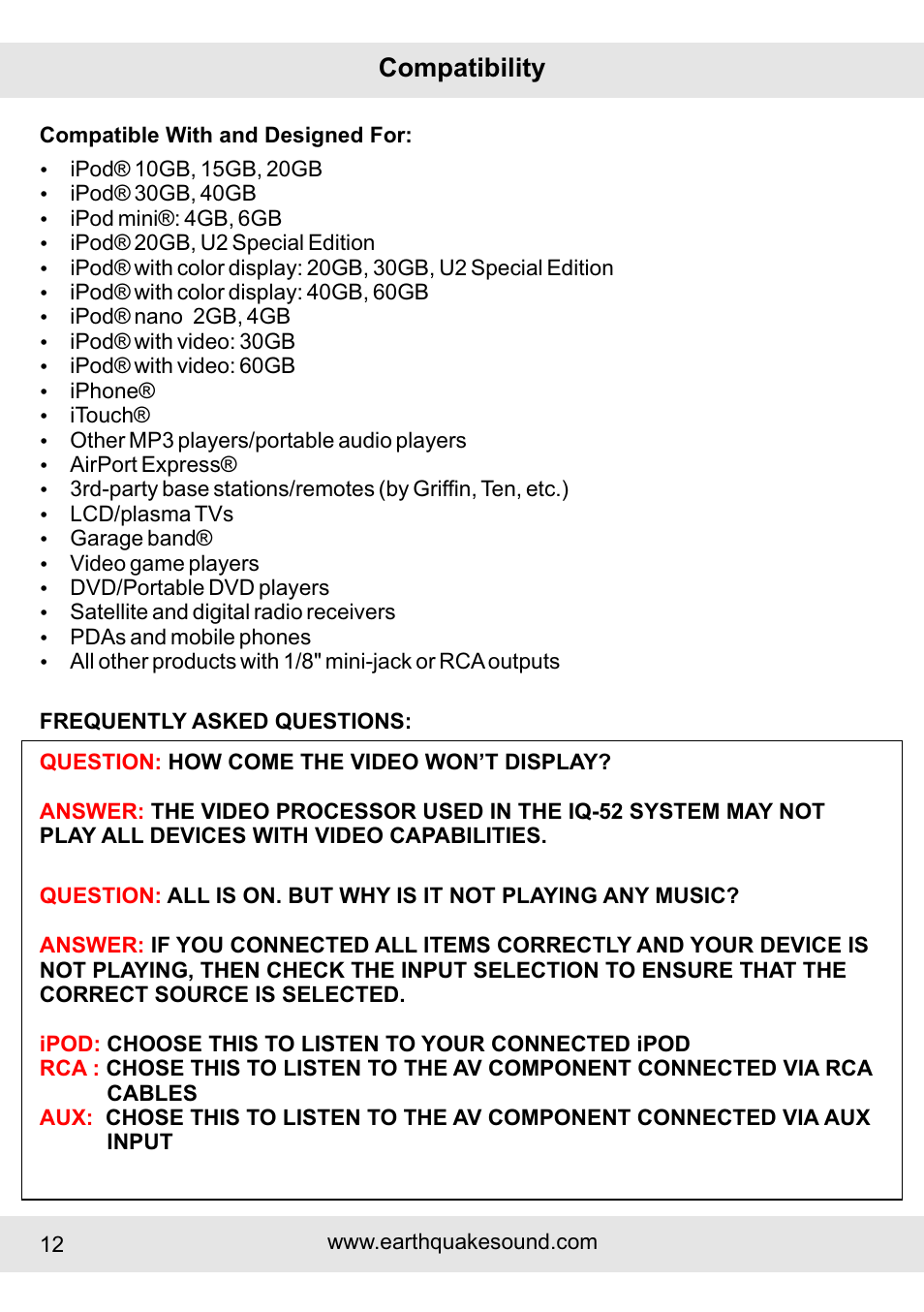 Compatibility | Earthquake Sound IQUAKE IQ-52W User Manual | Page 12 / 16