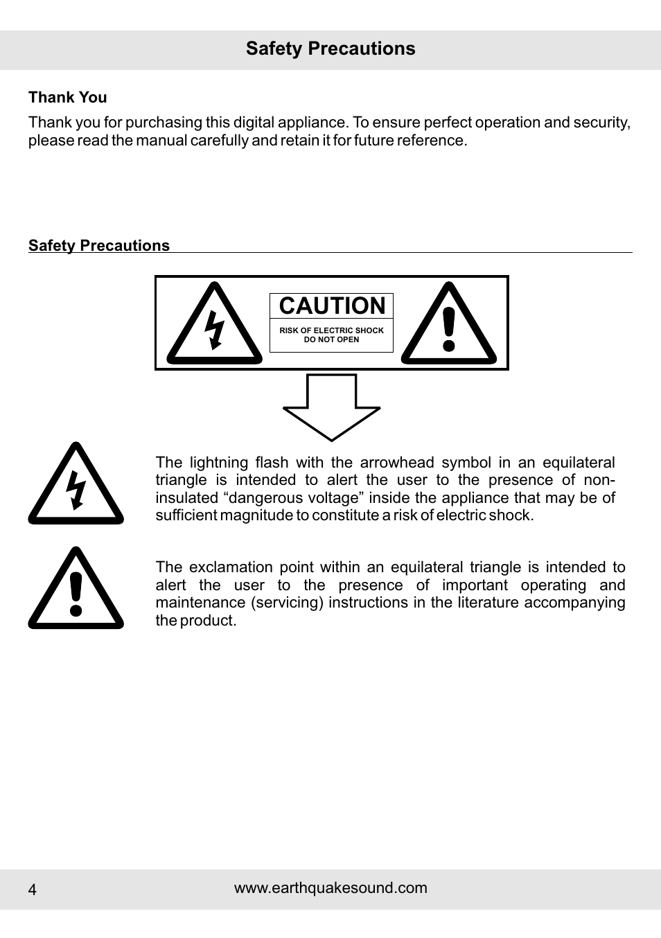 Caution, Safety precautions | Earthquake Sound IQUAKE IQ-52W User Manual | Page 4 / 16