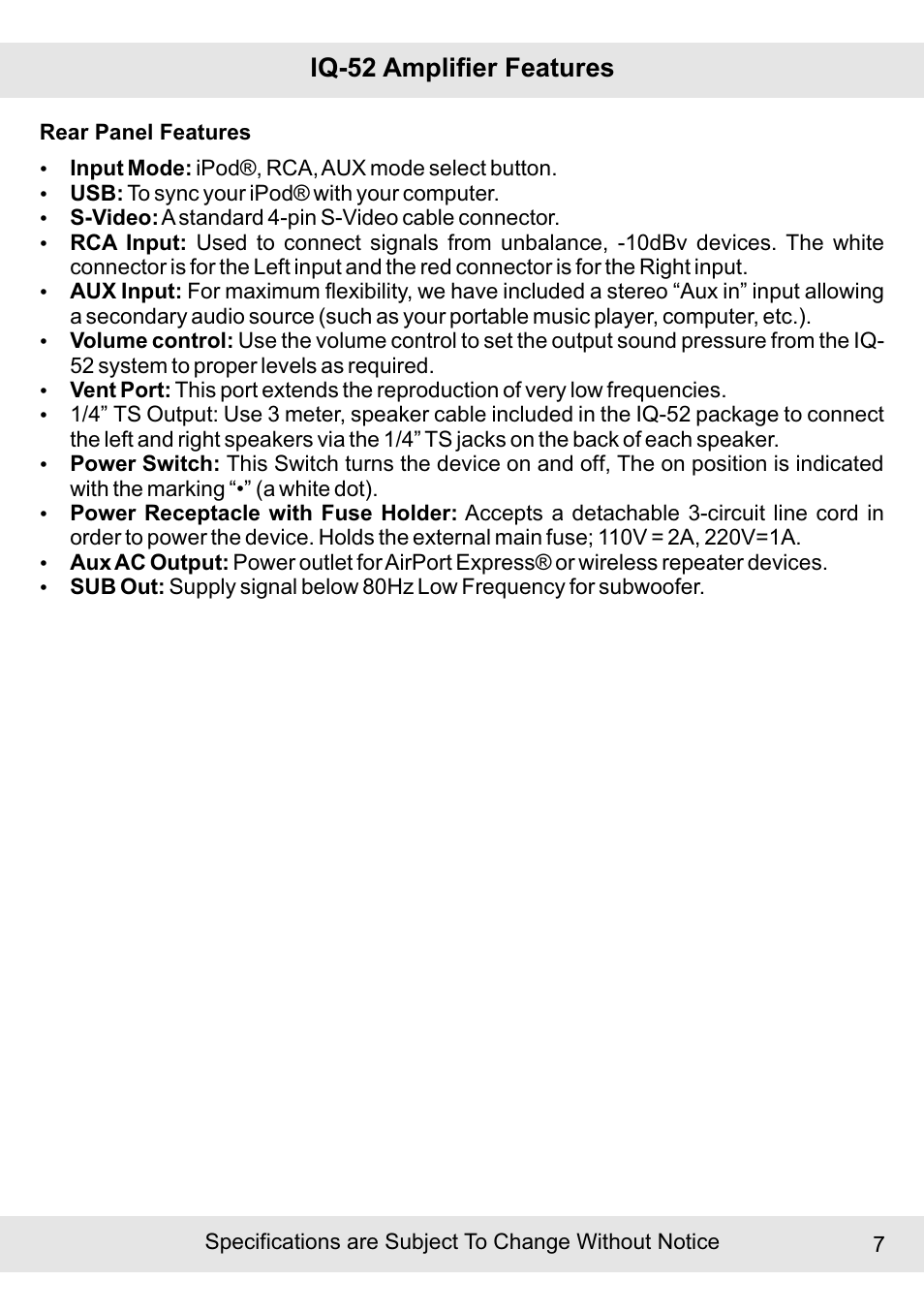 Iq-52 amplifier features | Earthquake Sound IQUAKE IQ-52W User Manual | Page 7 / 16