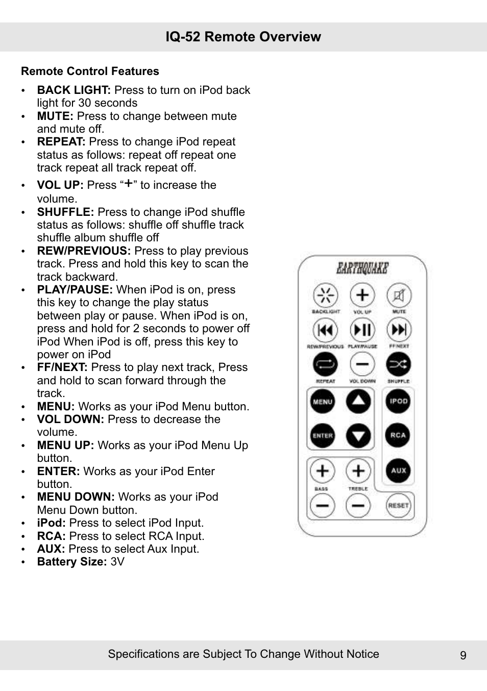 Iq-52 remote overview | Earthquake Sound IQUAKE IQ-52W User Manual | Page 9 / 16