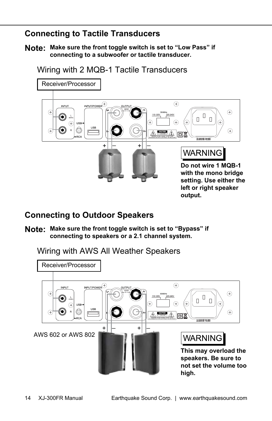 Connecting to tactile transducers, Connecting to outdoor speakers, Wiring with aws all weather speakers | Earthquake Sound XJ-300 FR User Manual | Page 14 / 20