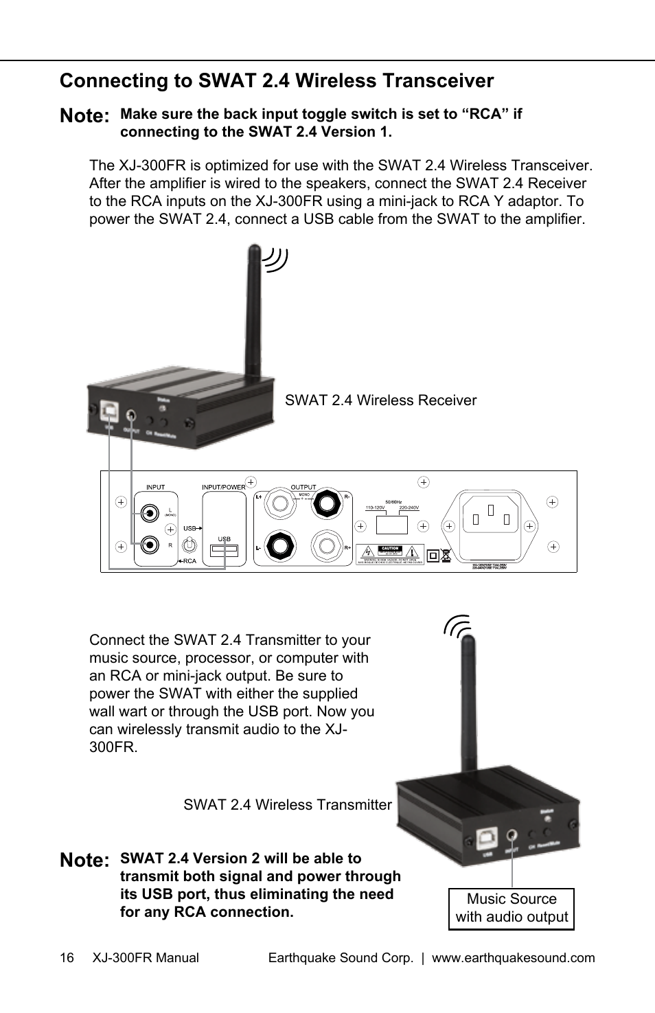 Connecting to swat 2.4 wireless transceiver | Earthquake Sound XJ-300 FR User Manual | Page 16 / 20