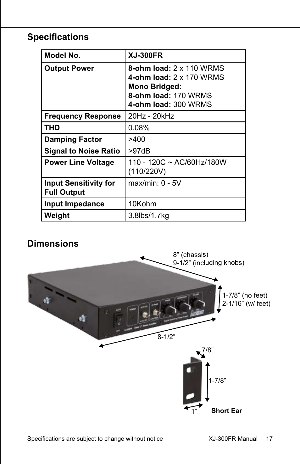 Specifications, Dimensions | Earthquake Sound XJ-300 FR User Manual | Page 17 / 20