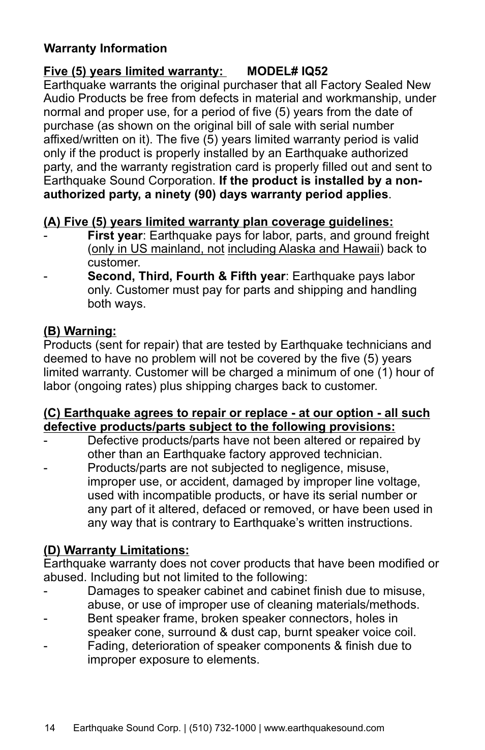 Earthquake Sound IQ-52R User Manual | Page 14 / 16