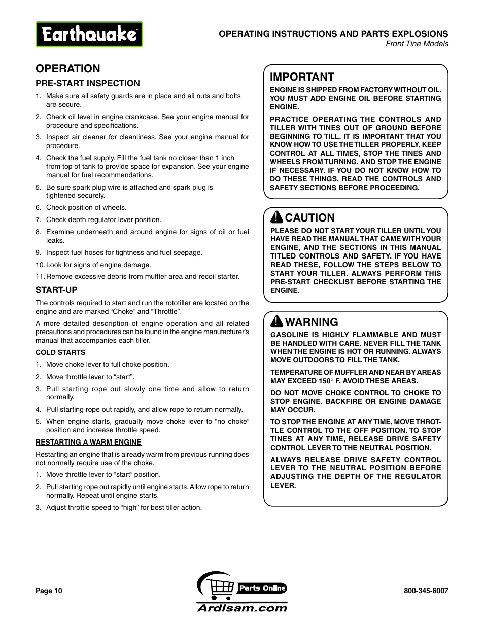 Operation, Important, Caution | Warning | Earthquake Sound ROTOTILLERS User Manual | Page 10 / 24