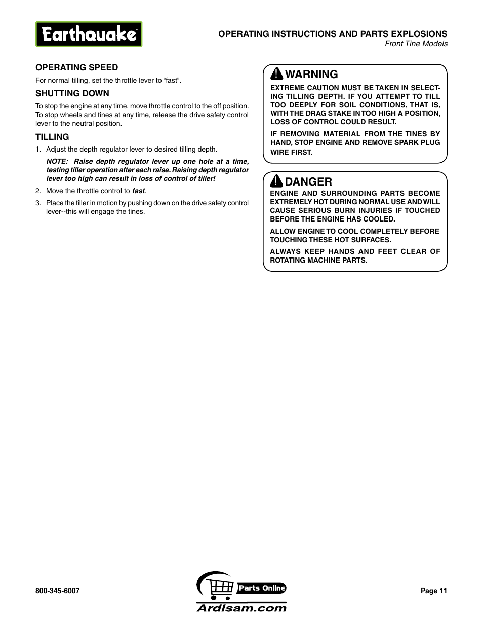 Warning, Danger | Earthquake Sound ROTOTILLERS User Manual | Page 11 / 24