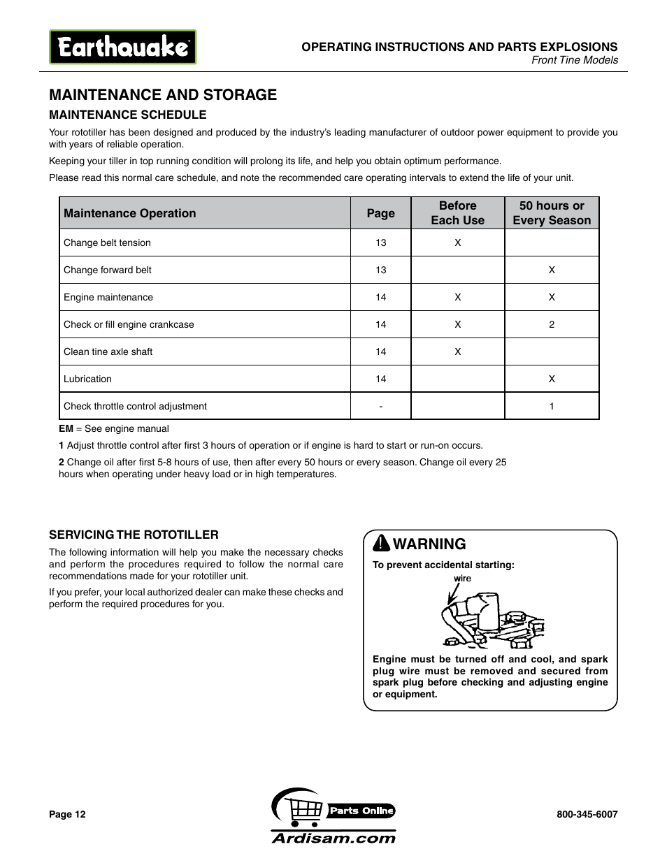 Maintenance and storage, Warning | Earthquake Sound ROTOTILLERS User Manual | Page 12 / 24