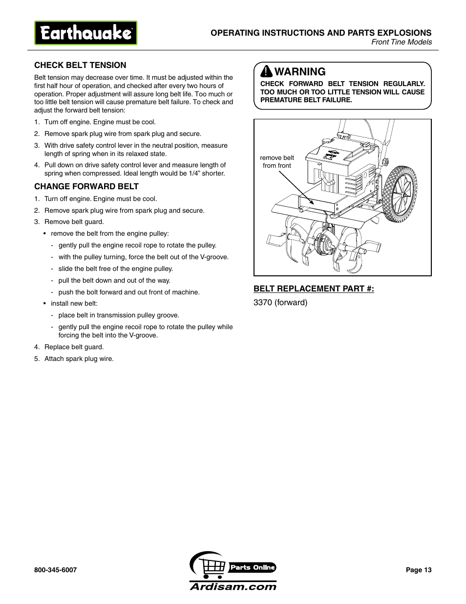 Warning | Earthquake Sound ROTOTILLERS User Manual | Page 13 / 24