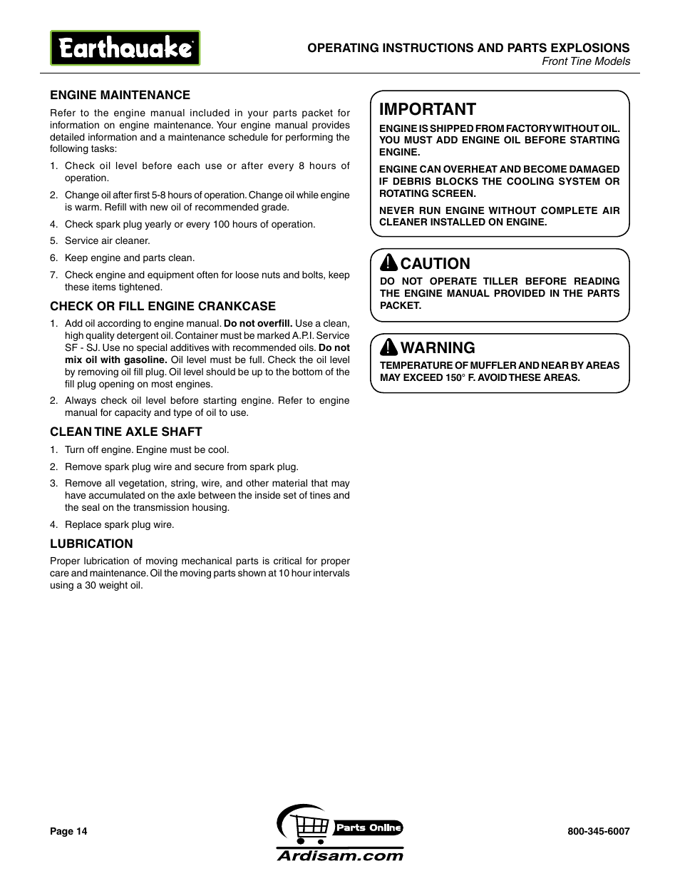 Important, Caution, Warning | Earthquake Sound ROTOTILLERS User Manual | Page 14 / 24