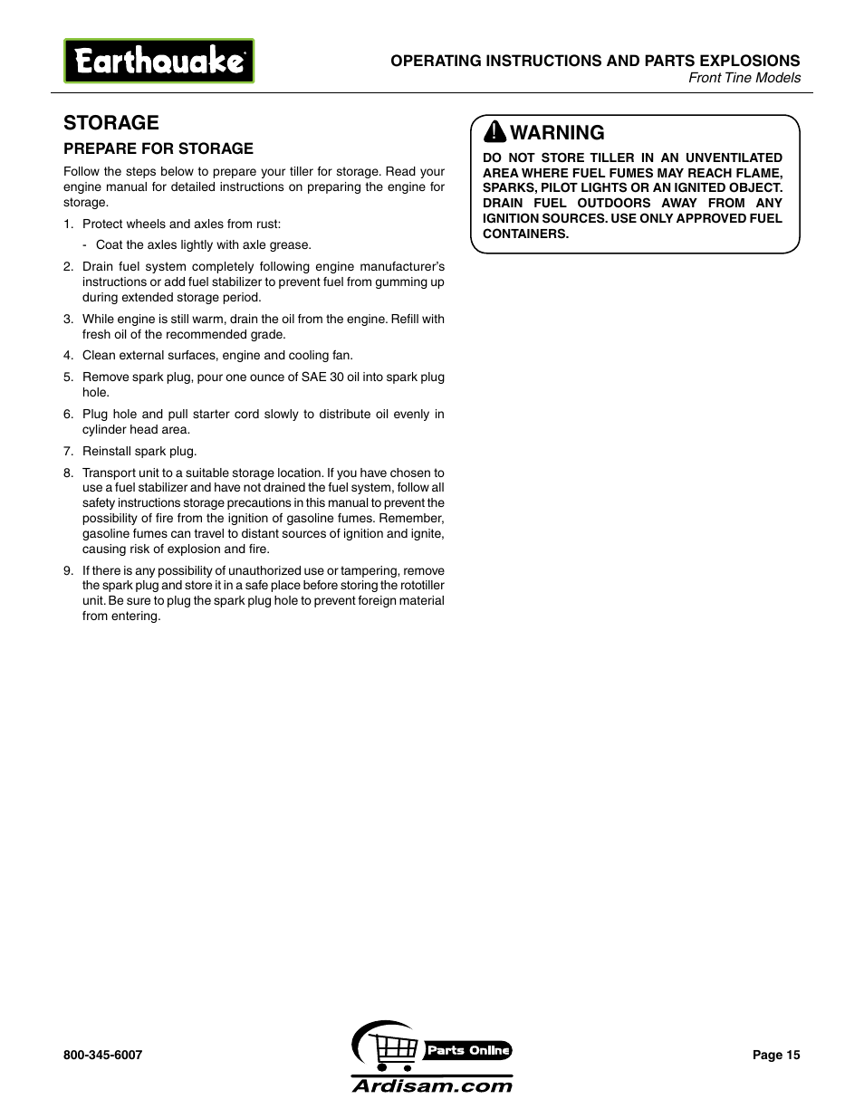 Storage, Warning | Earthquake Sound ROTOTILLERS User Manual | Page 15 / 24