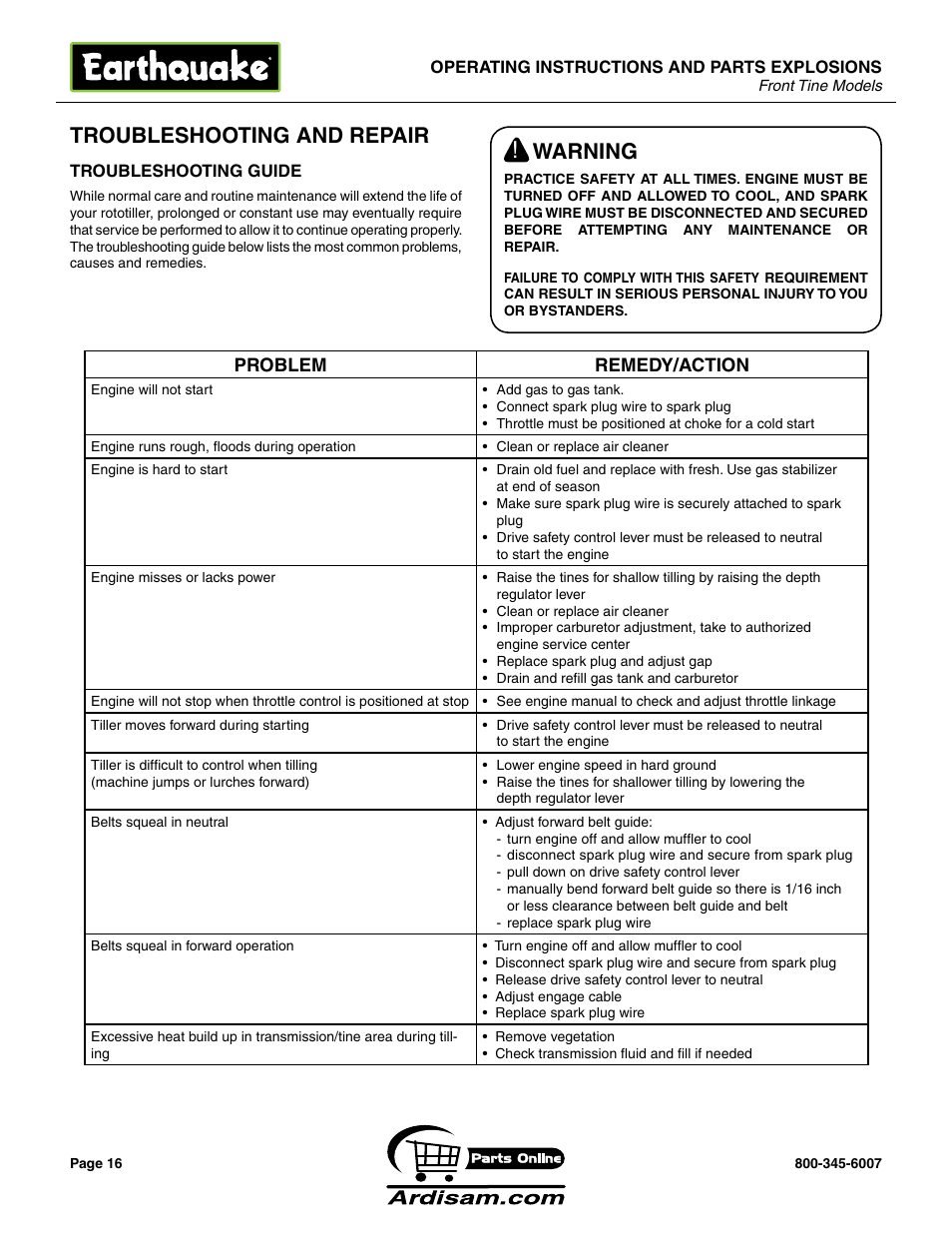 Troubleshooting and repair, Warning | Earthquake Sound ROTOTILLERS User Manual | Page 16 / 24