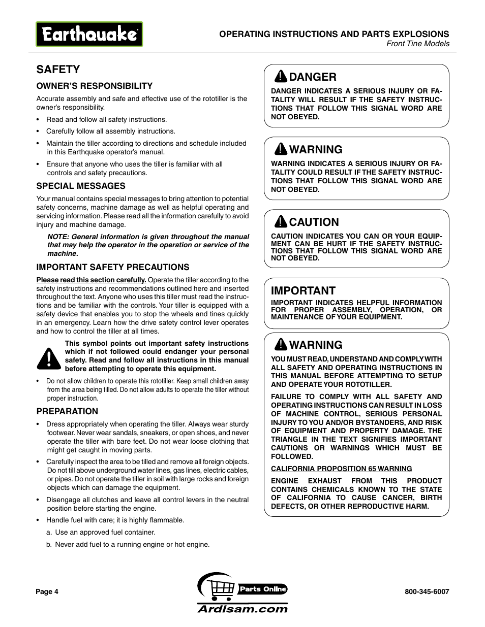 Safety, Caution, Important | Warning, Danger | Earthquake Sound ROTOTILLERS User Manual | Page 4 / 24