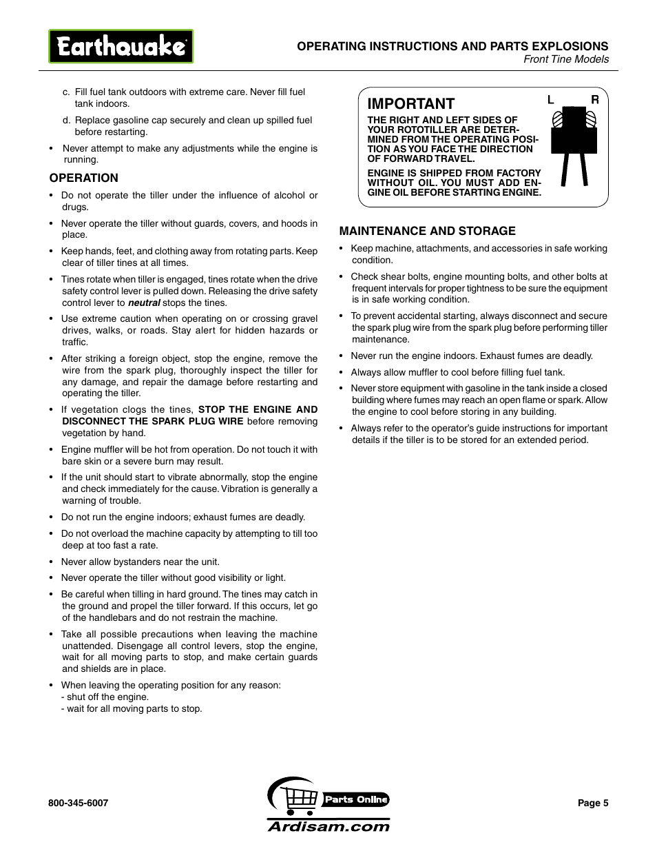 Important | Earthquake Sound ROTOTILLERS User Manual | Page 5 / 24