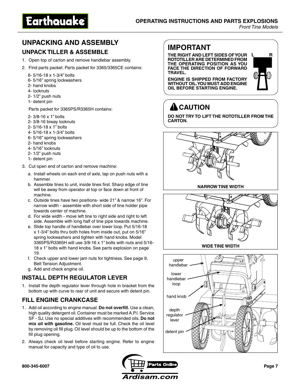 Important, Unpacking and assembly, Caution | Earthquake Sound ROTOTILLERS User Manual | Page 7 / 24