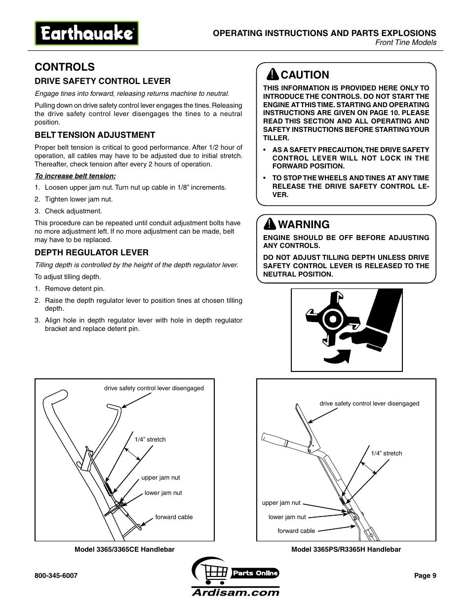 Controls, Warning, Caution | Earthquake Sound ROTOTILLERS User Manual | Page 9 / 24